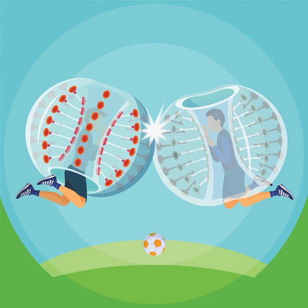 иллюстрация зорбинга. два человека играют в зорбинг футбол - bubble ball stock illustrations