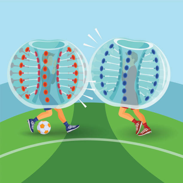 Zorbing illustration. Two man play zorbing soccer Zorbing illustration. Two man play zorbing soccer. Vector inflatable soccer balls stock illustrations