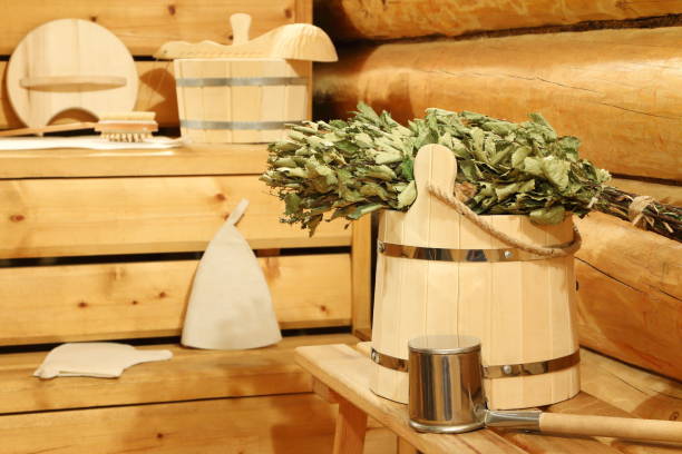 istock Dry birch broom in the sauna. 1129372762