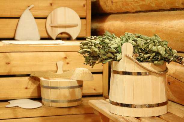 istock Dry birch broom in the sauna. 1129372768