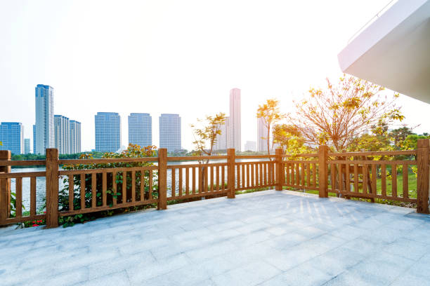 Backyard patio with trees in city