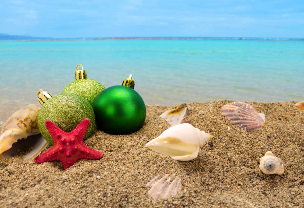 istock Christmas balls and shells on sand with summer sea background 1129374535