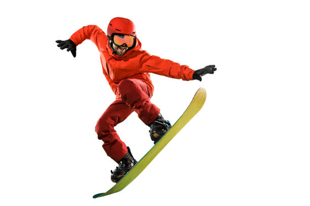 porträt des jungen mann in der sportswear mit snowboard isoliert auf einem weißen hintergrund. - snowboard stock-fotos und bilder