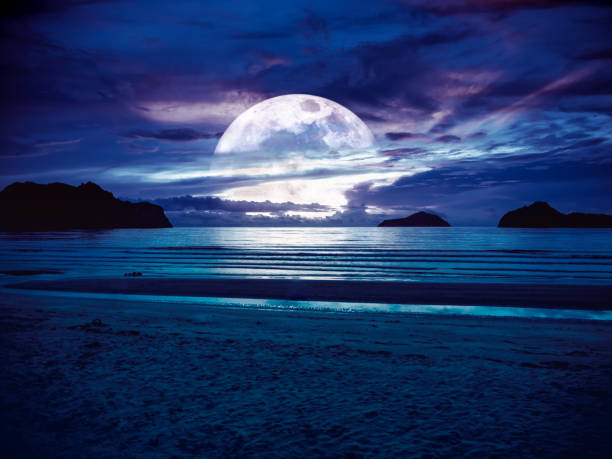 Super moon. Colorful sky with bright full moon over seascape. Serenity nature background, outdoor at gloaming. Super moon. Colorful sky with bright full moon over seascape. Serenity nature background, outdoor at gloaming. The moon taken with my own camera. fantasy moonlight beach stock pictures, royalty-free photos & images