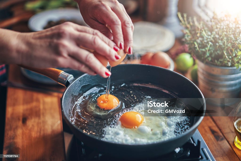 Frying Egg in a Cooking Pan in Domestic Kitchen Animal Egg Stock Photo