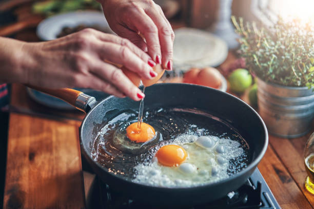 frying egg in a cooking pan in domestic kitchen - eggs imagens e fotografias de stock