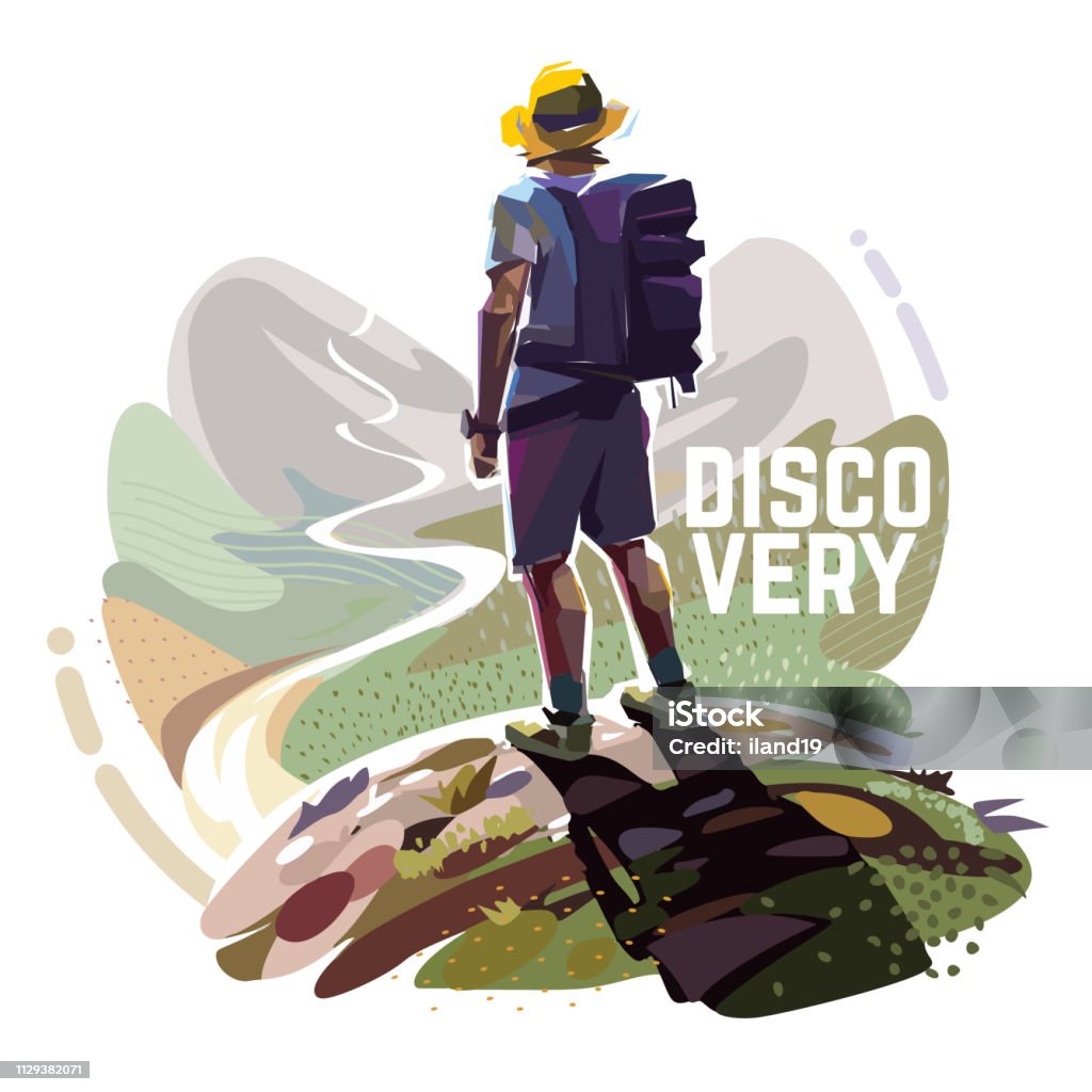 Hiker with a backpack. Travel Illustration The hiker is standing on top of a mountain with a backpack. Illustration on the tourism topic. Hiking stock vector