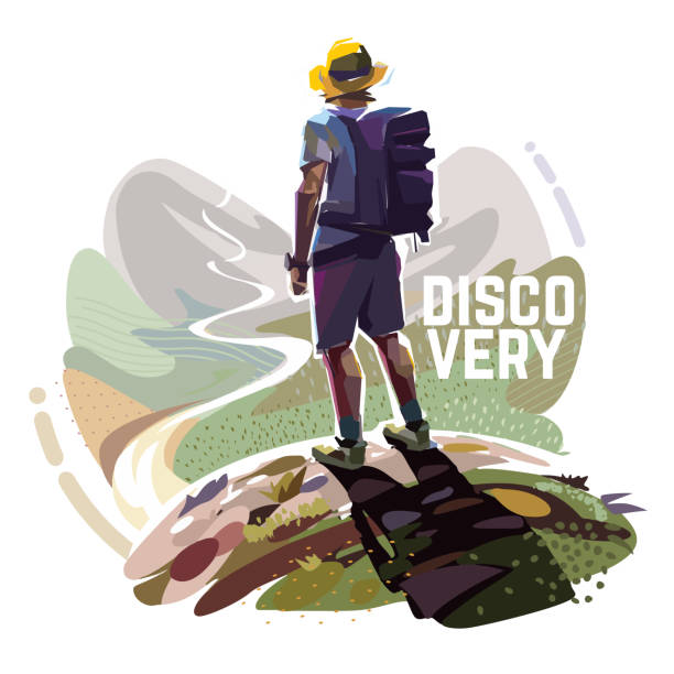 Hiker with a backpack. Travel Illustration The hiker is standing on top of a mountain with a backpack. Illustration on the tourism topic. exploration illustrations stock illustrations