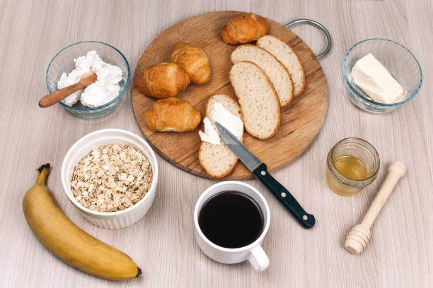 breakfast flat lay - gourmet pastry bread horizontal imagens e fotografias de stock
