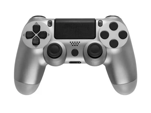Photo of Silver gaming controller isolated on white background.