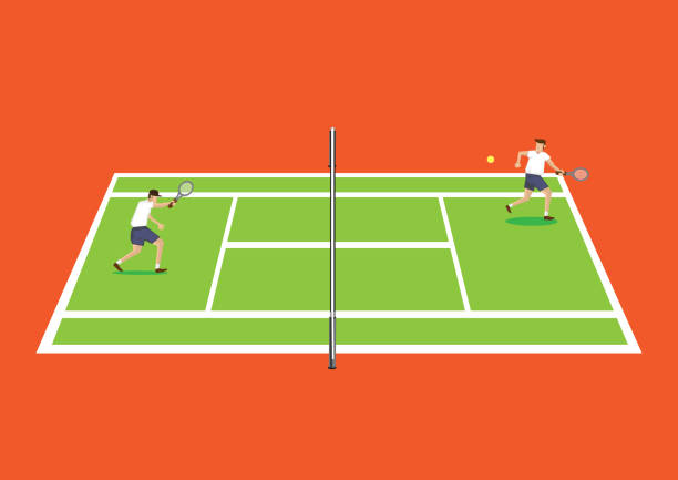 illustrazioni stock, clip art, cartoni animati e icone di tendenza di due tennisti che hanno una partita nell'illustrazione vettoriale dei cartoni animati del campo da tennis - baseline