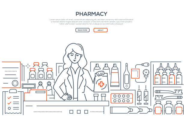 Pharmacy - modern line design style web banner Pharmacy - modern line design style web banner on white background with copy space for text. High quality composition with a female worker, pharmacist at the counter, images of pills, medicine pharmacy store stock illustrations