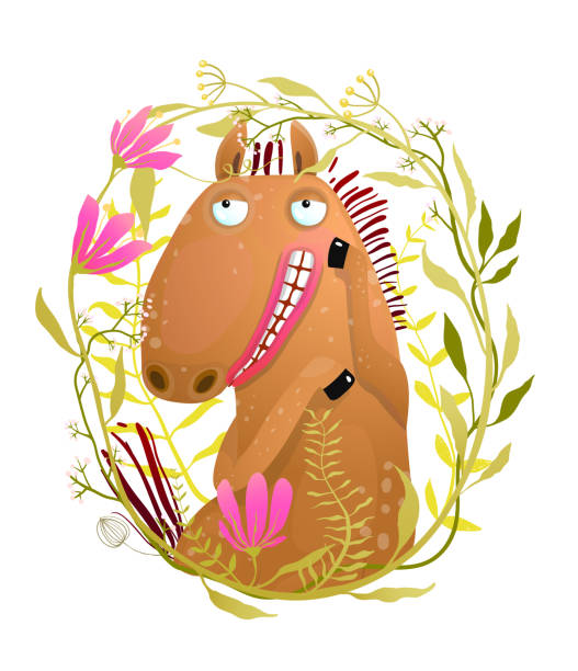 istock Romantic Horse in flowers wreath cartoon 1129386771