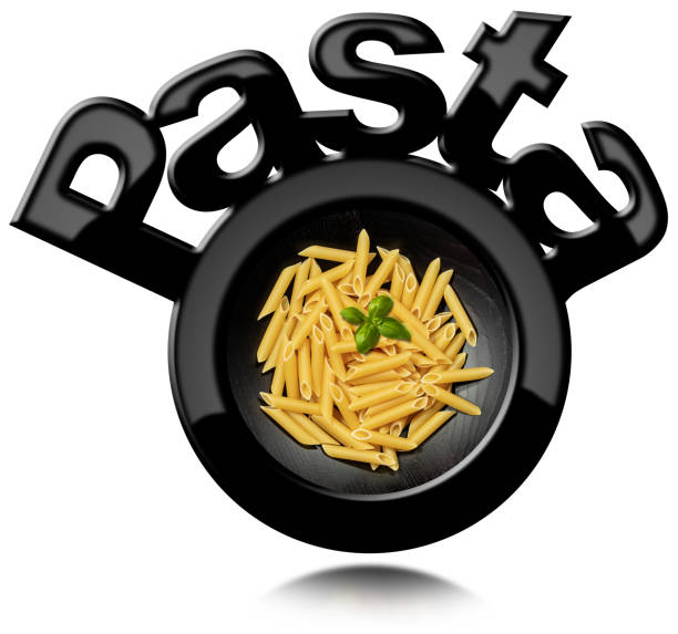 Round and black symbol with the Italian Pasta called Penne in a wooden bowl. Isolated on white background