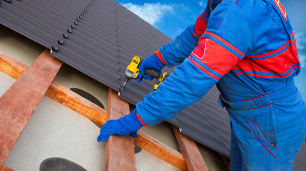 Man worker Man worker uses a power drill to attach a cap  metal roofing job with screws. corrugated iron stock pictures, royalty-free photos & images