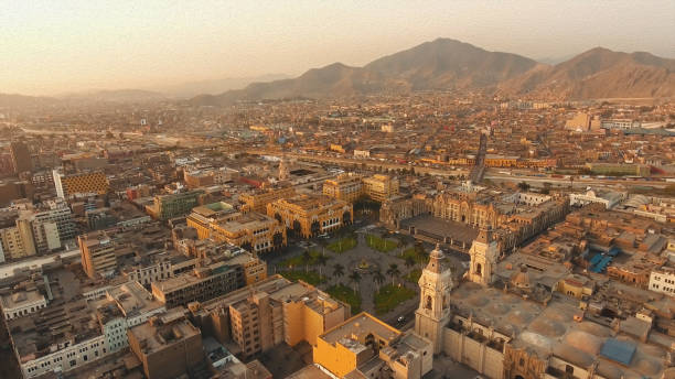 Oil paint panoramic aerial view of Lima, Peru Plaza de Armas Panoramic view of Lima, Peru main square (Plaza de Armas) during the summer peru city stock pictures, royalty-free photos & images