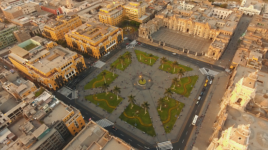 Panoramic view of Lima, Peru main square (Plaza de Armas) during the summer