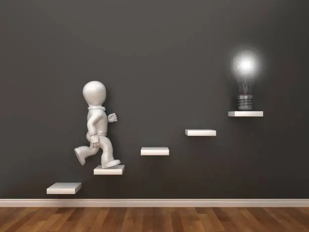 Photo of Business Character on Steps with Light Bulb in Room - 3D Rendering