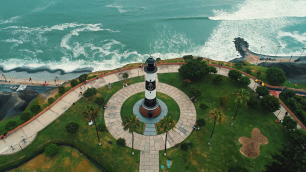 Oil paint panoramic aerial view of Miraflores district coastline in Lima, Peru. stock photo