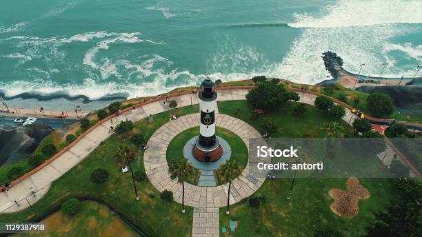 Oil Paint Panoramic Aerial View Of Miraflores District Coastline In Lima Peru Stock Photo - Download Image Now
