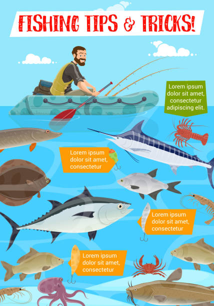 Fishing sport tips and tricks, cartoon vector Fisherman in inflatable boat, fishing sport tips and tricks. Vector tuna and catfish, salmon and perch, trout and herring, flounder and crab, prawn and crayfish. Fisher and underwater animals sheatfish stock illustrations