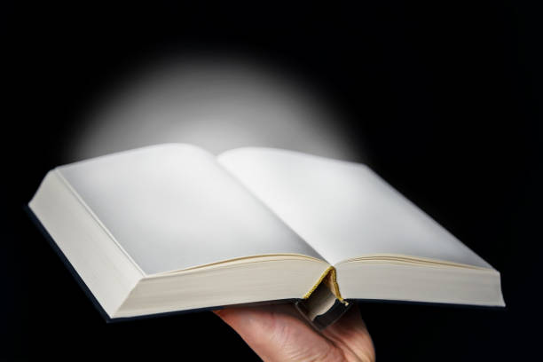 istock Open book with blank pages and black background 1129391055