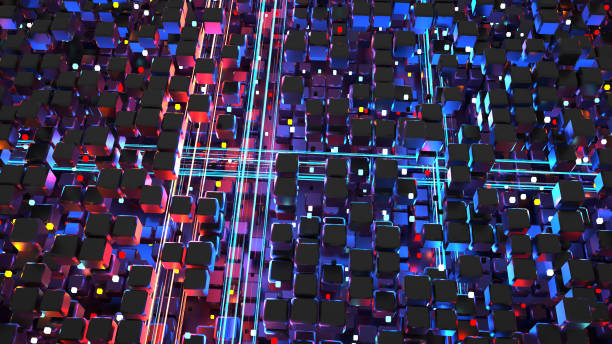 istock Blue and red matrix of cubes and glowing big data streams 3D render 1129391913