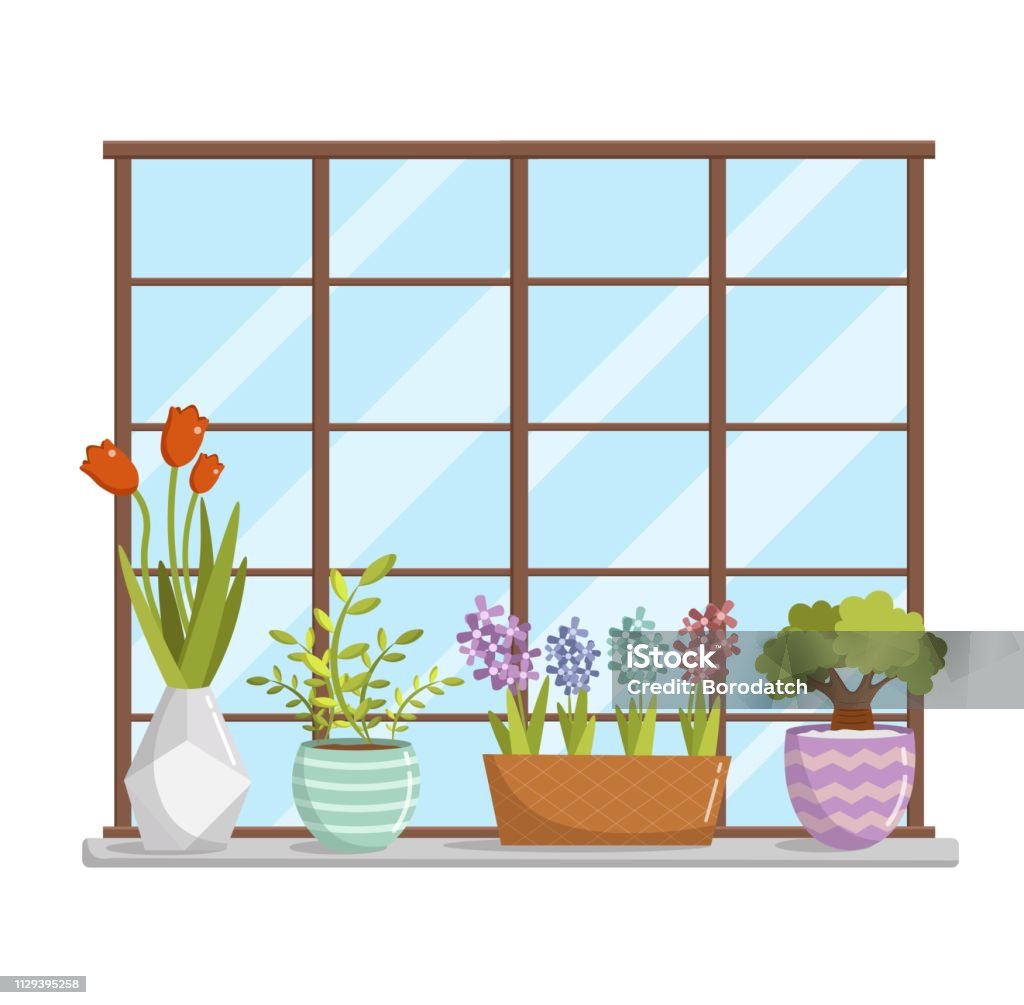 Window Flower Vector Window Illustration With Flowers In Pots Vector Background Stock ...