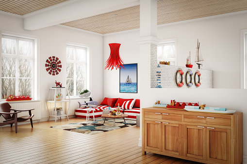 Digitally generated warm and cozy nautical themed home interior design.

The scene was rendered with photorealistic shaders and lighting in Autodesk® 3ds Max 2016 with V-Ray 3.6 with some post-production added.