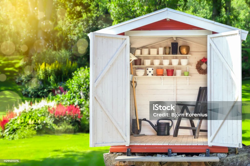 Garden shed filled with gardening tools with green sunny garden in the background. Garden shed filled with gardening tools. Shovels, rake, pots, water pitcher in storage hut. Green sunny garden in the background. Shed Stock Photo