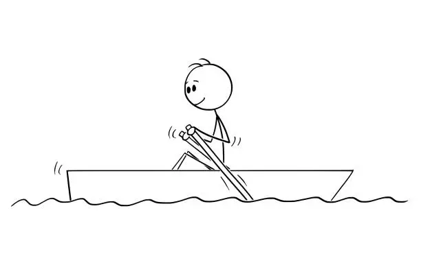 Vector illustration of Cartoon Drawing of Man Paddling in Small Boat on Water