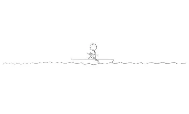 Vector illustration of Cartoon Drawing of Lonely Man Paddling Alone in Small Boat in Center of Sea