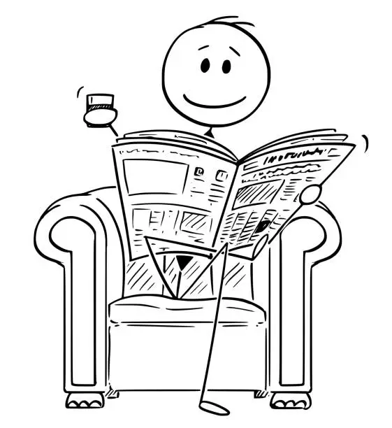 Vector illustration of Cartoon of Successful Businessman Sitting in Chair and Reading Newspapers