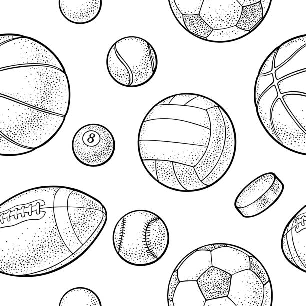 ilustrações de stock, clip art, desenhos animados e ícones de seamless pattern different kinds sport balls. vintage vector engraving - retro revival basketball american culture sport