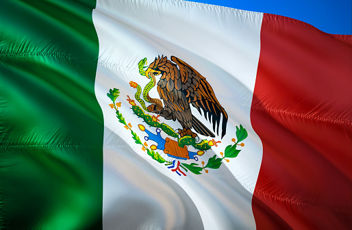 Bandera de México. diseño de la bandera 3D que agita. El símbolo nacional de México, renderizado 3D. El símbolo nacional de fondo de pantalla de México. América del sur bandera 3D cinta, papel pintado, Fondo de patrón 
