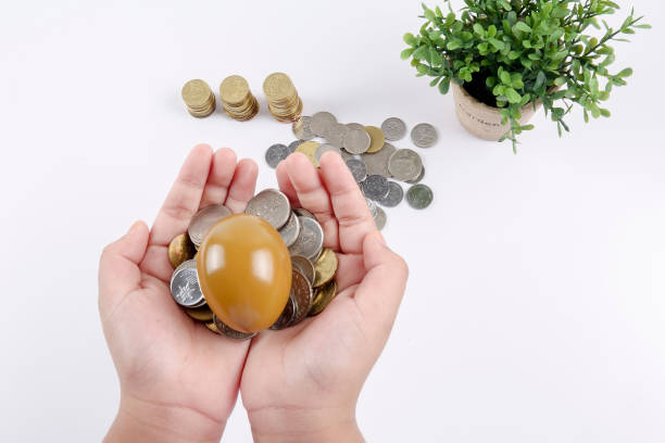 istock Cropped Hands Holding Coins With Gold Egg On White Background 1129406234