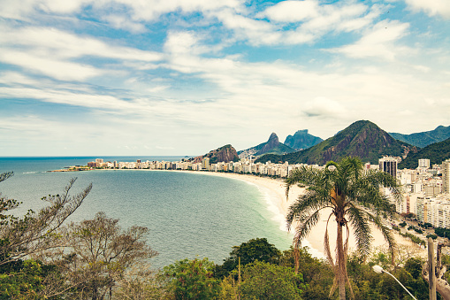 High angle view looking over sea and city skyline. Brazil.