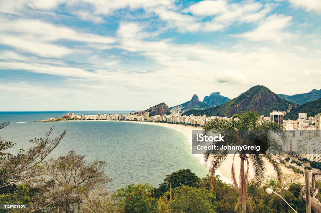 Copacabana Beach, Rio de Janeiro High angle view looking over sea and city skyline. Brazil. Rio de Janeiro Stock Photo