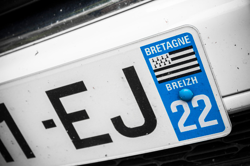 Rennes, France. Front Car Plate of a French car with the flag of Brittany (Bretagne)
