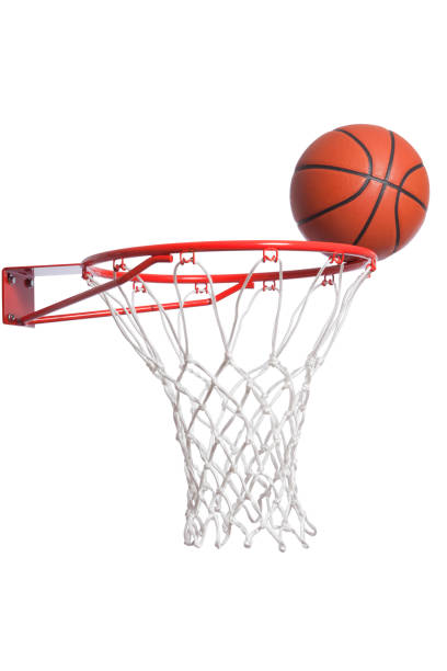istock Basketball on a rim with net isolated on white background 1129413705