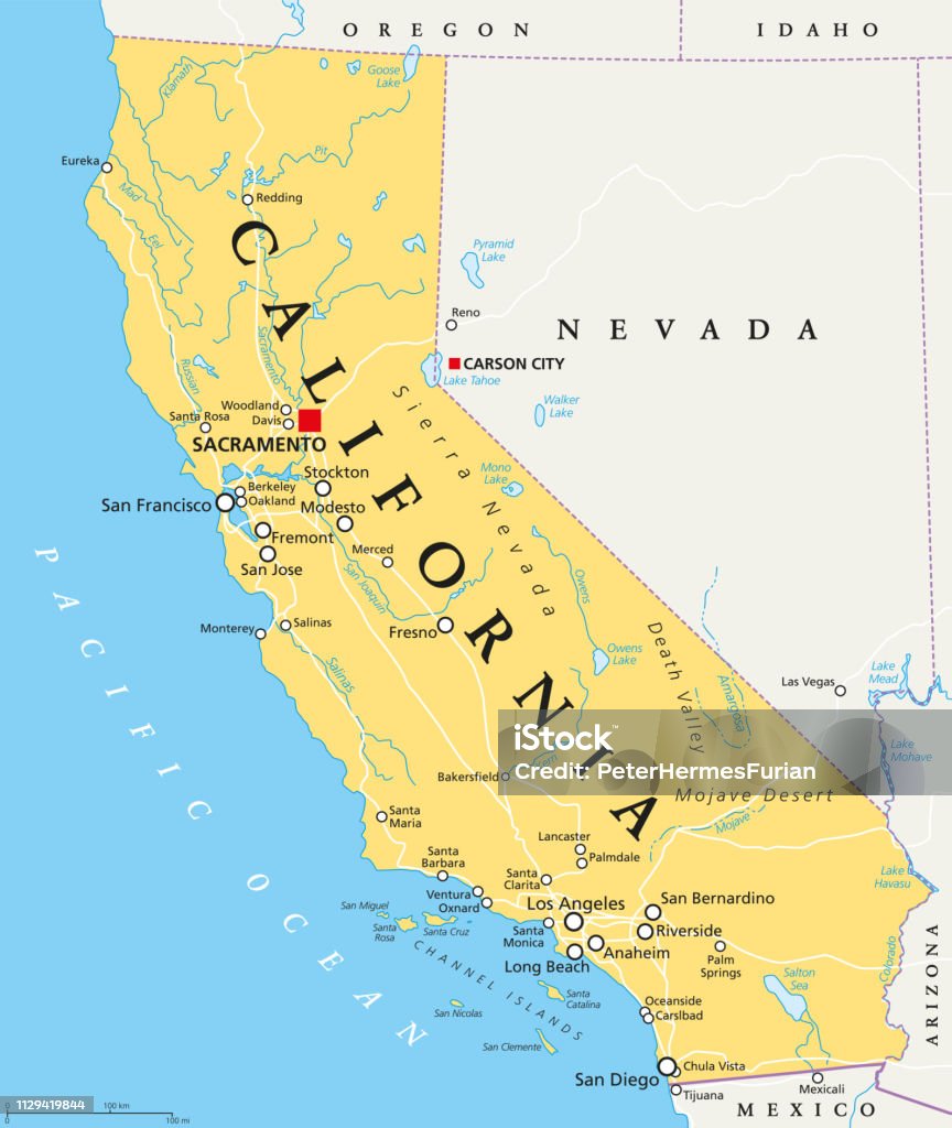 Mapa político da Califórnia, Estados Unidos, - Vetor de Mapa royalty-free