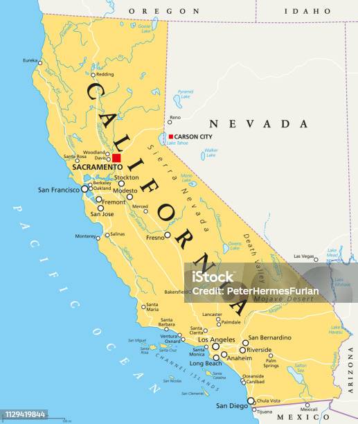 Калифорния Сша Политическая Карта — стоковая векторная графика и другие изображения на тему Карта - Карта, Калифорния, Векторная графика