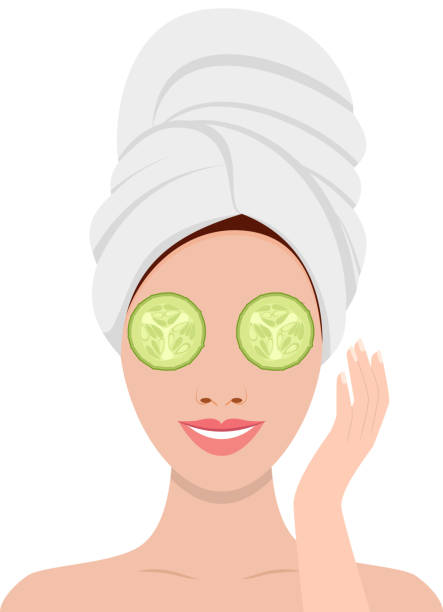 ilustrações de stock, clip art, desenhos animados e ícones de woman with mask of cucumber on her eyes - facial mask spa treatment cucumber human face