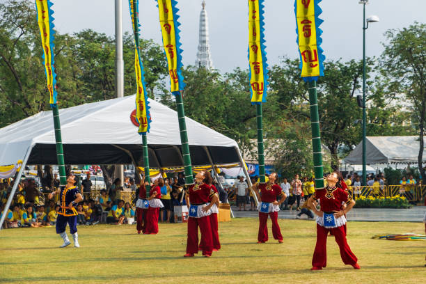 classical thai dance drama in sanam luang, bangkok - traditional festival juggling women performer imagens e fotografias de stock