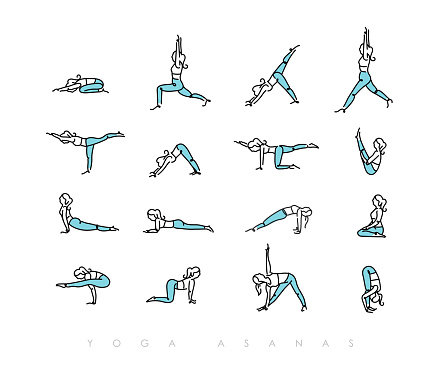 Pen line hand drawing girls in yoga asanas in light style drawing with color on white background