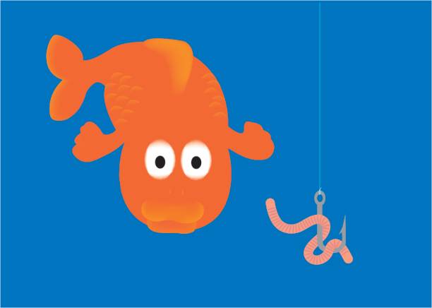 illustrazioni stock, clip art, cartoni animati e icone di tendenza di pesce arancione tentato dal verme sull'amo del pesce - worm cartoon fishing bait fishing hook