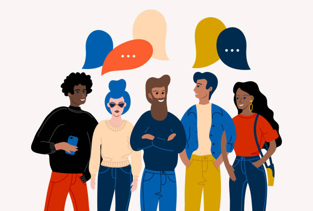 Flat vector illustration with young people characters with colorful dialog speech bubbles. Discussing, chatting, conversation, dialogue. vector art illustration