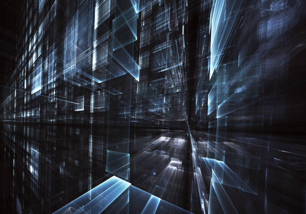 istock Abstract 3D fractal background, 3D illustration. Virtual Neon City 1129425436