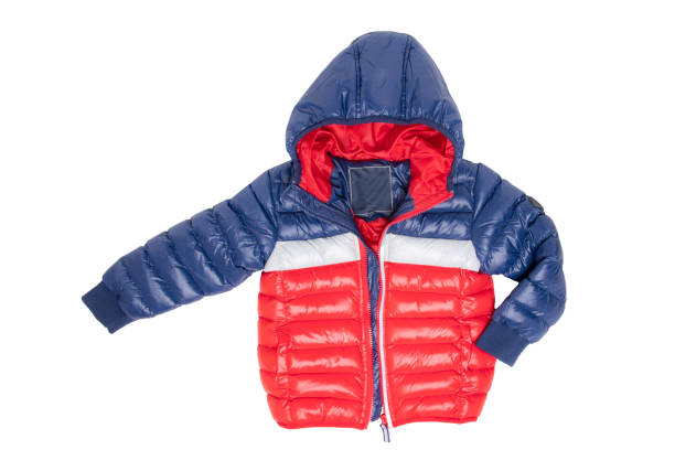 winter jacket isolated. a stylish blue and red warm down jacket with red lining for the kids is isolated on a white background. childrens wear with hood for spring and autumn. - fleece coat imagens e fotografias de stock