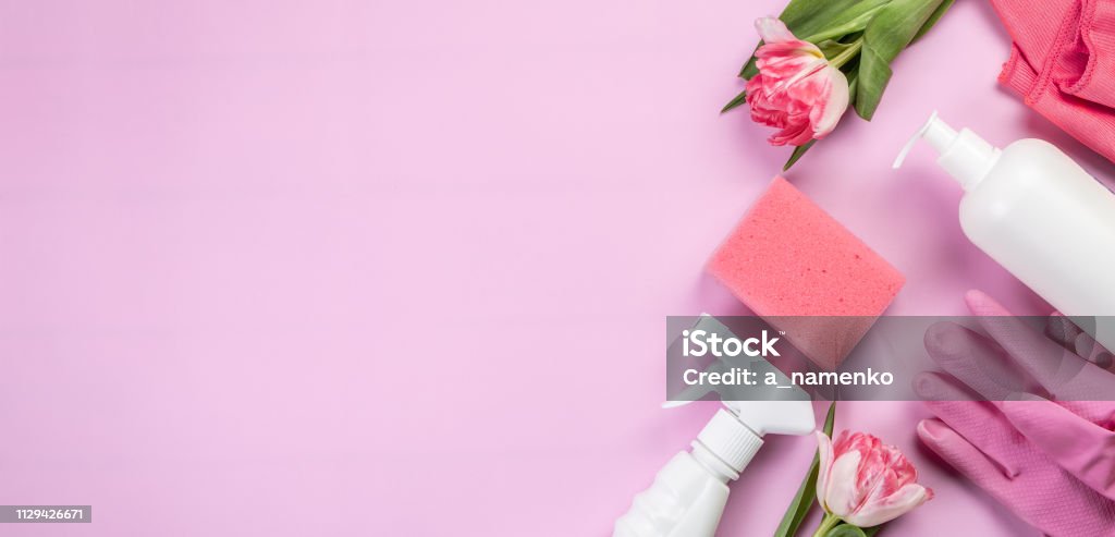 Spring cleaning concept - cleaning products, gloves sponges Spring cleaning concept - cleaning products, gloves sponges, top view Cleaning Stock Photo